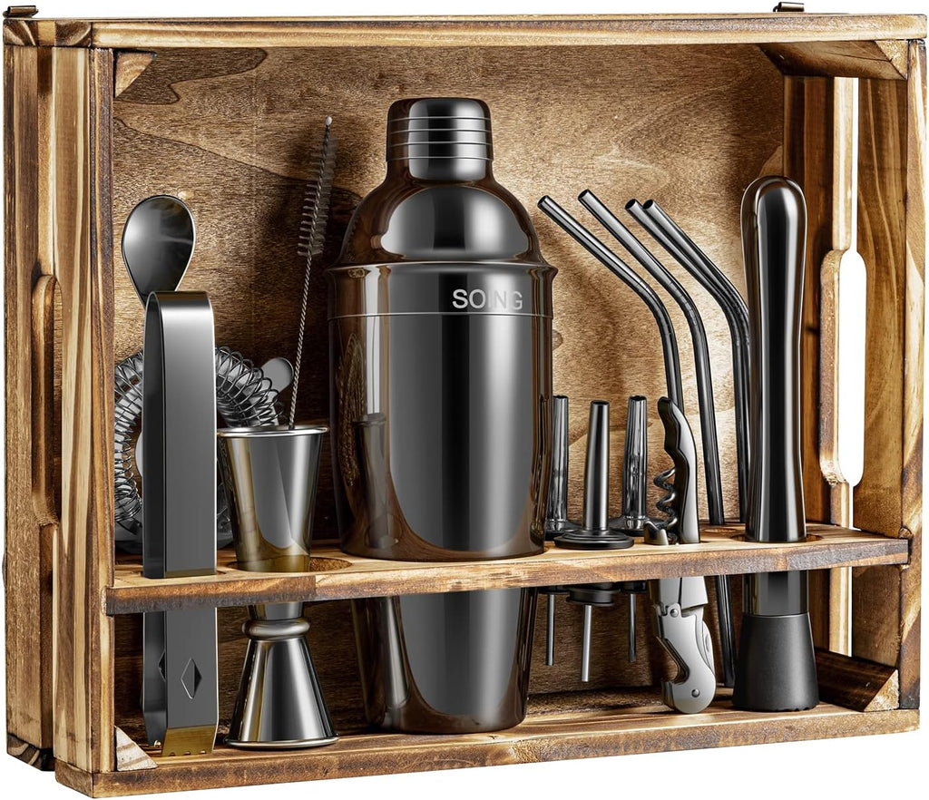 16-Piece Bar Tools Set with Wooden Stand and Velvet Carry Bag (Gold) E32833