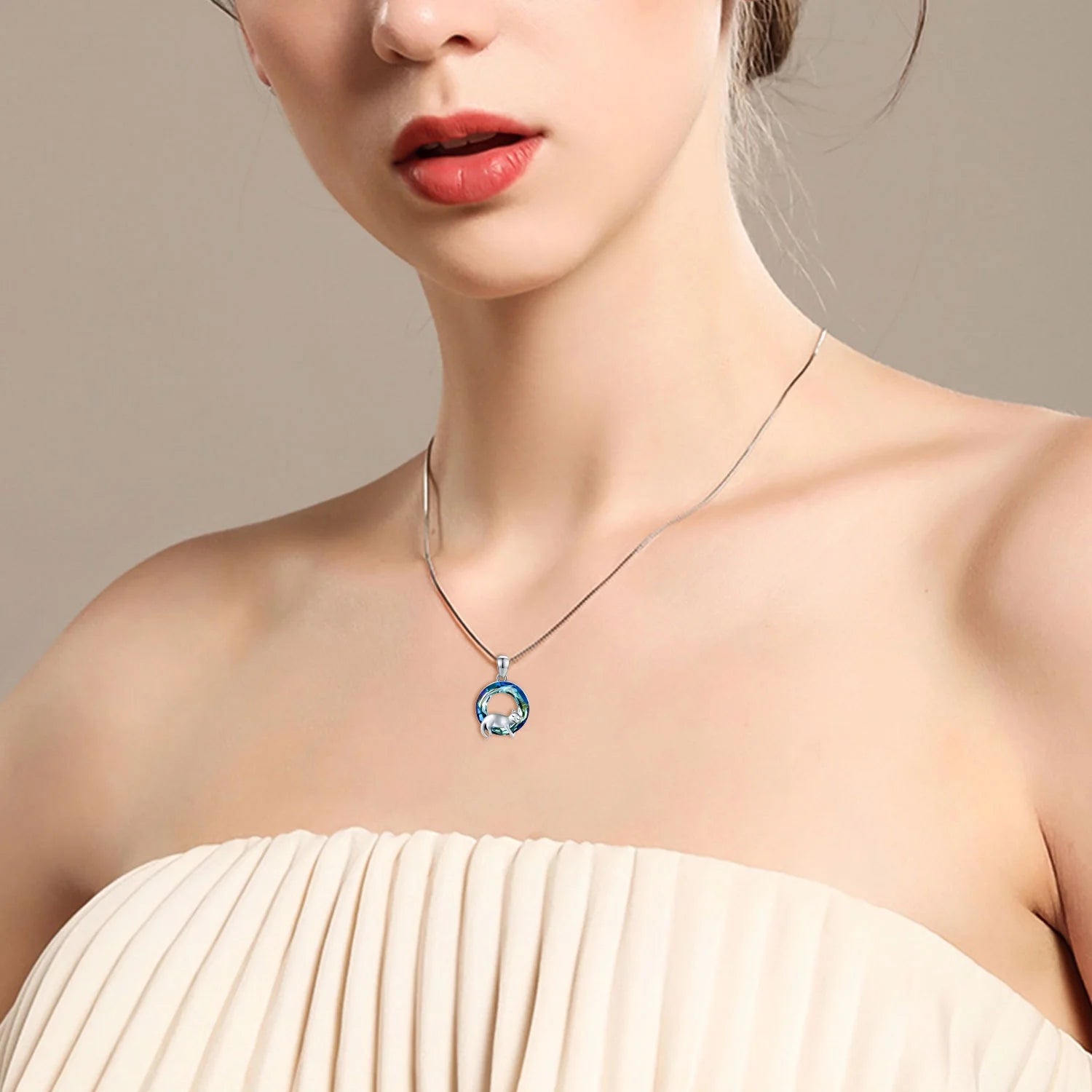 Cat Crystal Pendant Necklace 925 Sterling Silver U483