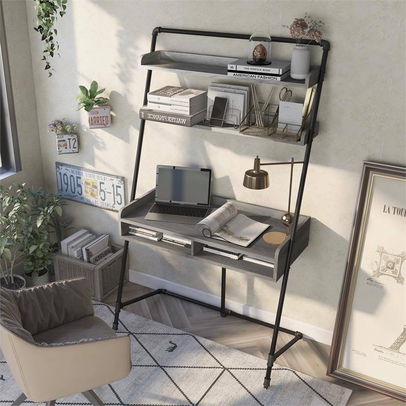 2-Piece Desk and Bookcase Set in Gray Oak P67047