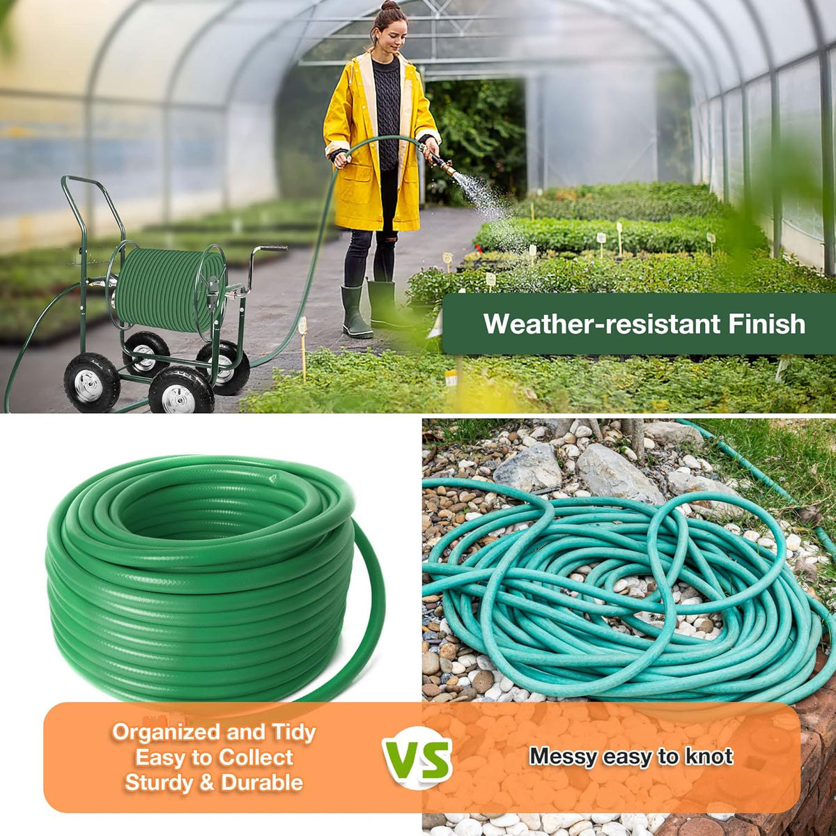 Garden Hose Reel Cart 4 Wheels with Storage Basket, Holds 390FT Hose D572507