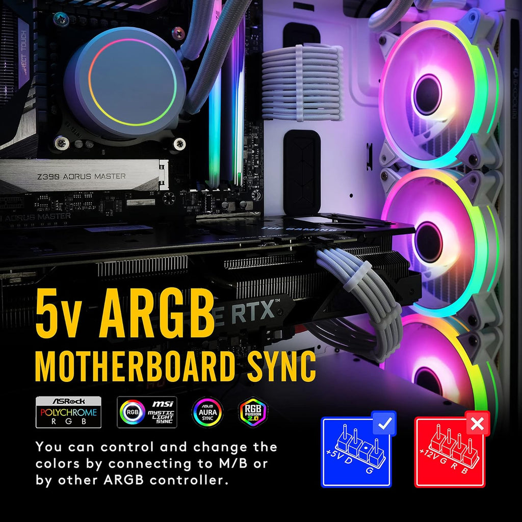 White 120mm RGB PWM Case Fan with Fan Hub, 5 Pack C24769