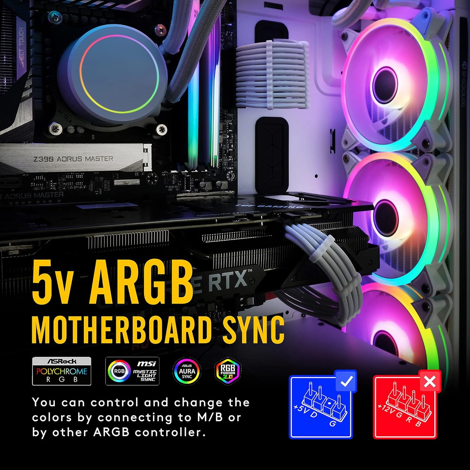White 120mm RGB PWM Case Fan with Fan Hub, 5 Pack C24769