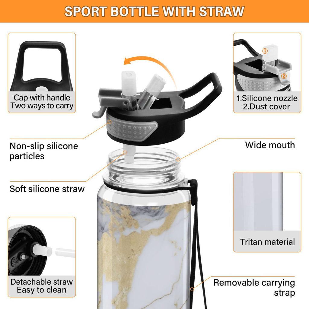 White and Black Golden Marble 32oz Tritan Leakproof Water Bottle with Straw I9032
