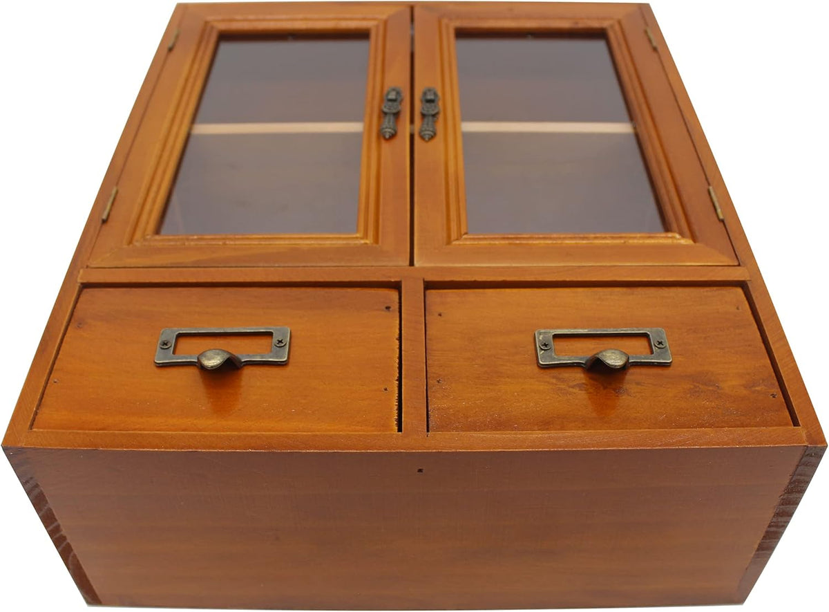 Wooden Storage Cabinet with Glass Double Doors and Adjustable Shelf and Two Drawers V23770