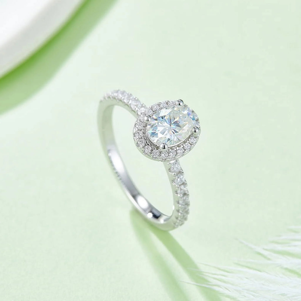 Pear Cut Moissanite Engagement Ring Pave Halo In 18K White Gold Plating Over Silver I1382