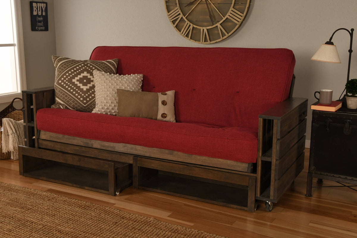 Rustic Walnut Futon Set with Drawers, Full, Linen O111764