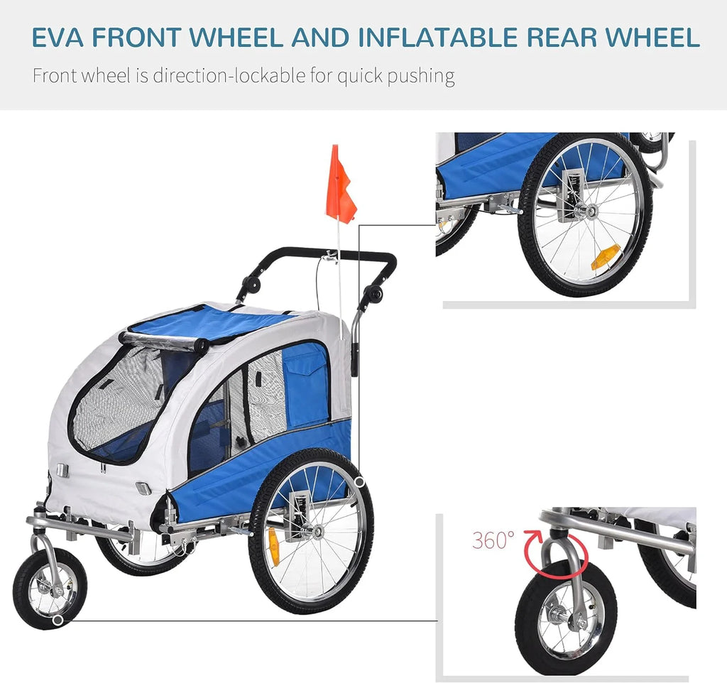 Blue Dog Bike Trailer Pet Stroller With Canopy And Storage Pockets U6740