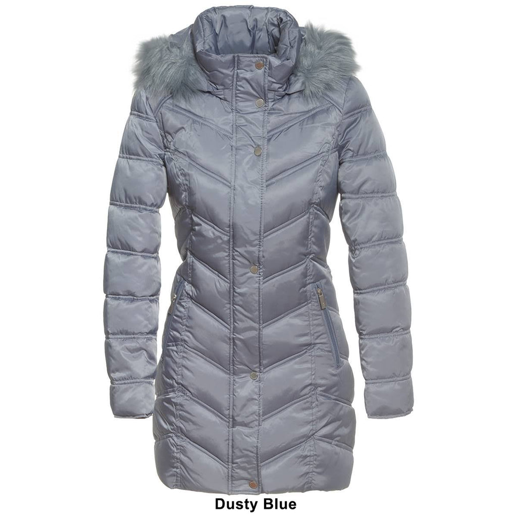 Black Chevron Quilted Coat with Faux Fur Hood V8357