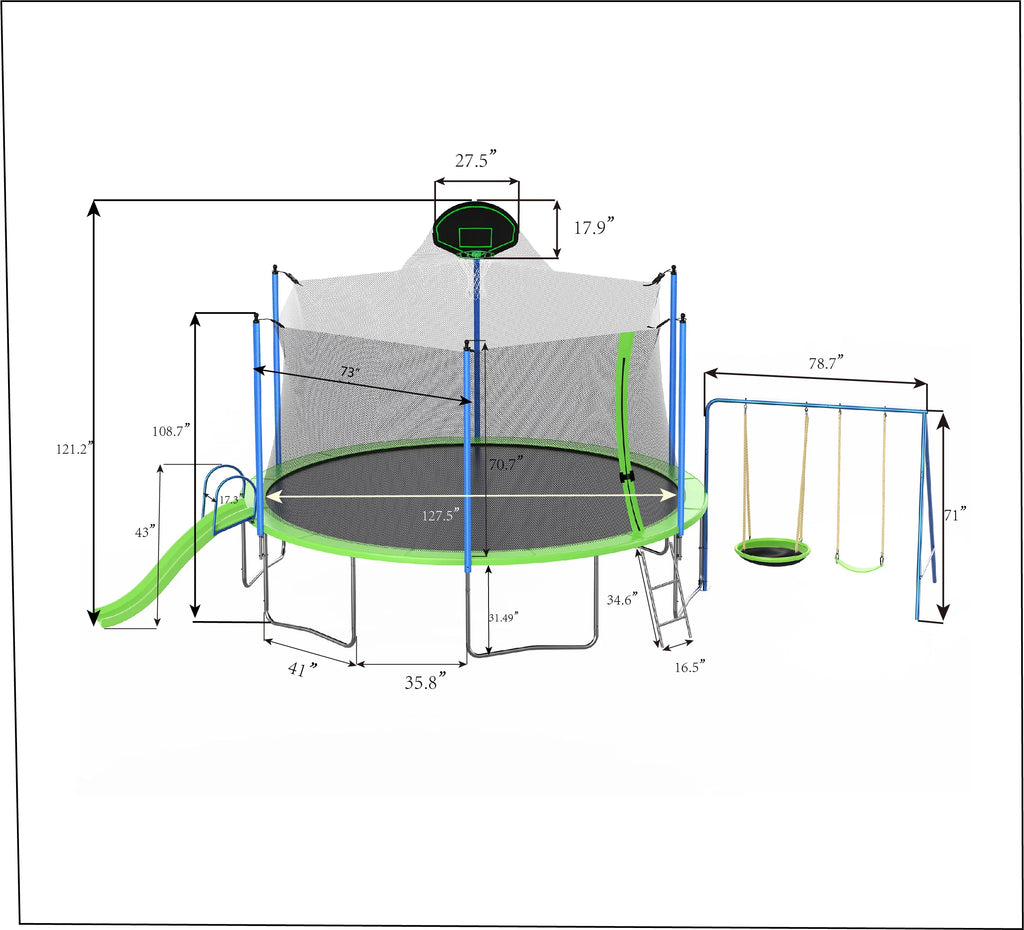 12ft Kids Trampoline with Swing, Slide, Basketball Hoop, Safety Enclosure Net F444224