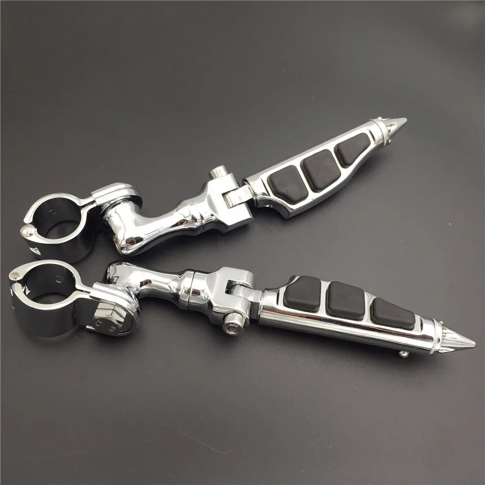 Chrome Angled Mounting Kit with Stiletto Shape Foot Peg Footrest For 1.25 inch Front Engine Guard Frame Tube F112