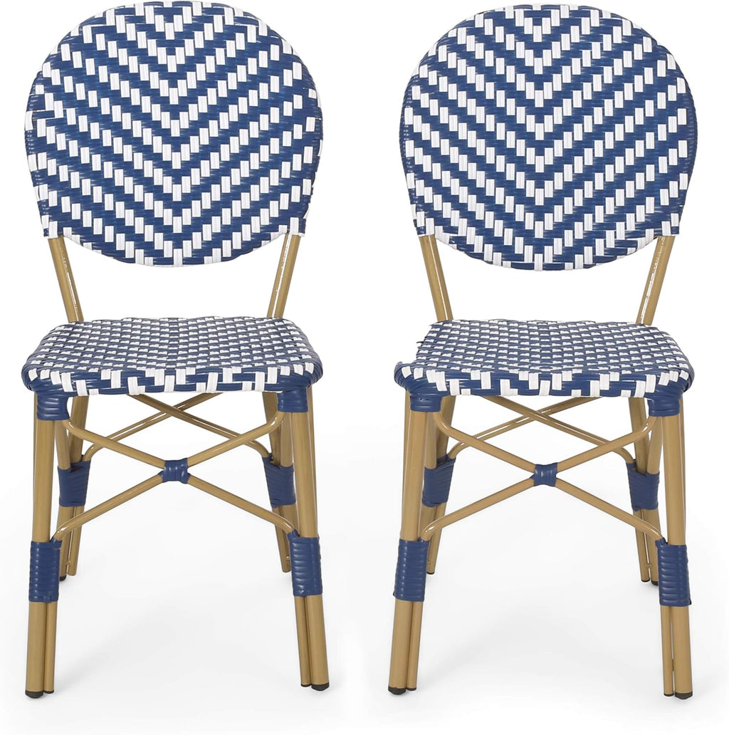 Navy Blue + White + Bamboo Finish Outdoor Bistro Chair B3031