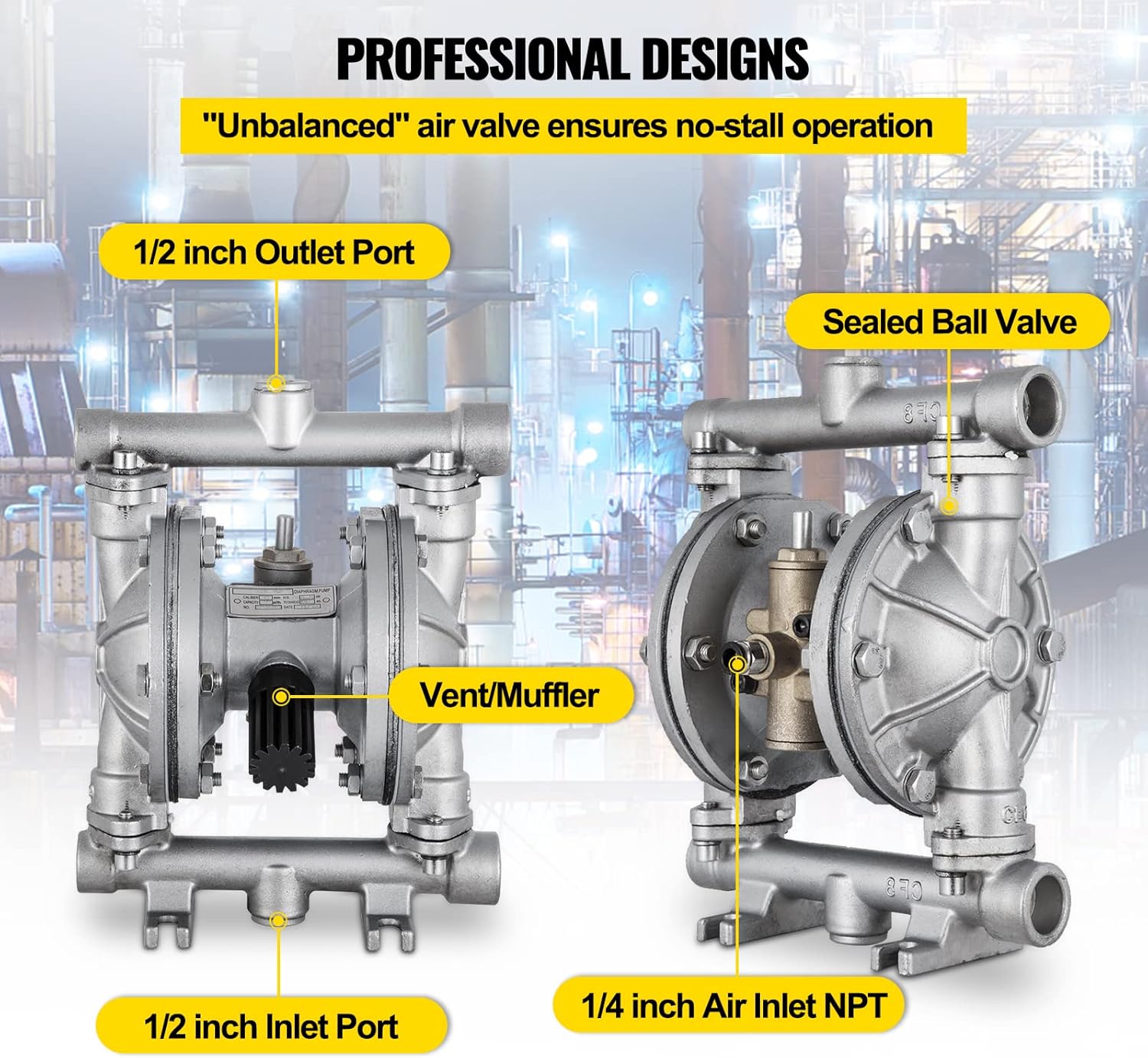 Air-Operated Double Diaphragm Pump 1/2 inch 304 Stainless Steel 12 GPM Max 115PSI Nitrile Diaphragm Q6370
