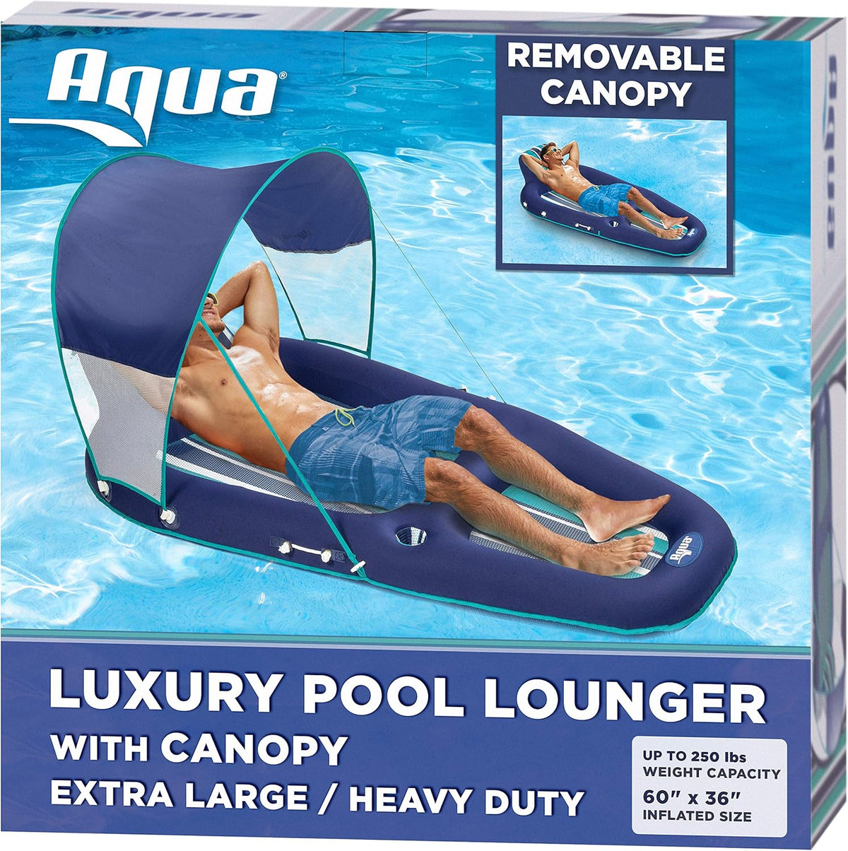 Navy Aqua White Stripe Inflatable Pool Float Lounge with Sunshade Canopy and Cupholder G18465