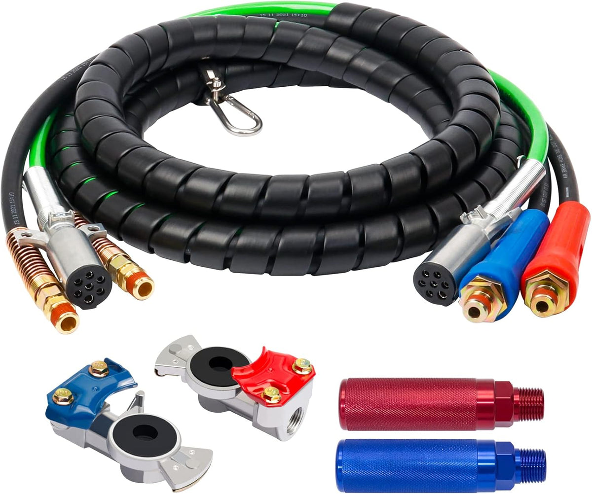 15 Ft 7 Way Heavy Duty Truck Tractor Trailer Electric Cable Wrap Cord ABS & Air Line Hose Assembly with Aluminum Glad Hands S5302