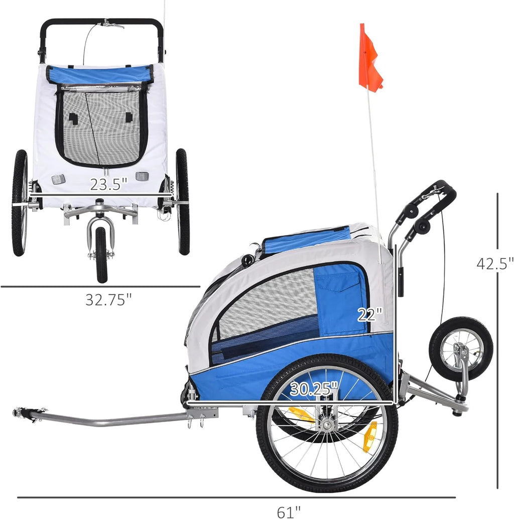 Blue Dog Bike Trailer Pet Stroller With Canopy And Storage Pockets U6740