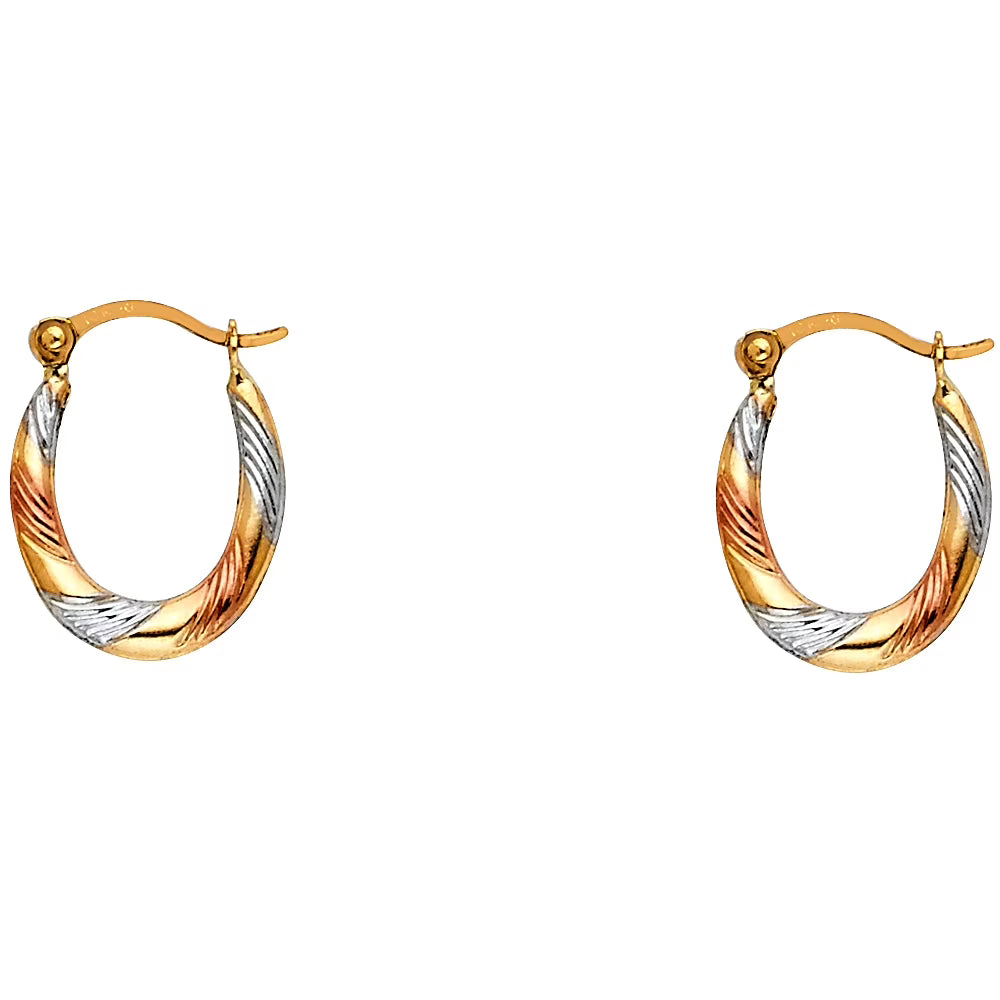 Oval Hoop Earrings Solid 14k Yellow White Rose Gold Diamond Cut Hollow 15 x 12 mm E810