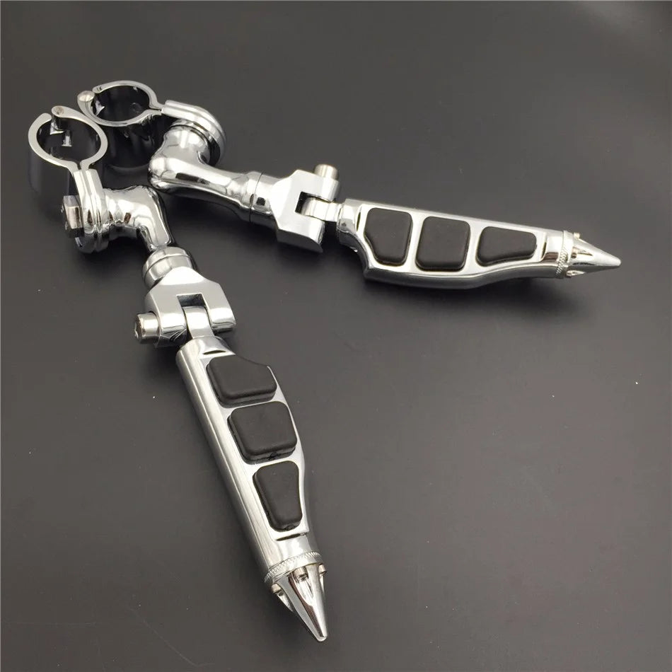 Chrome Angled Mounting Kit with Stiletto Shape Foot Peg Footrest For 1.25 inch Front Engine Guard Frame Tube F112