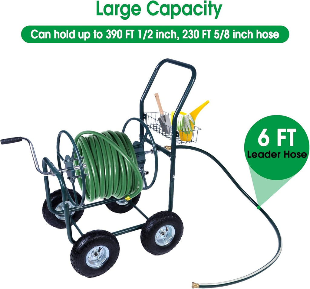 Garden Hose Reel Cart 4 Wheels with Storage Basket, Holds 390FT Hose D572507