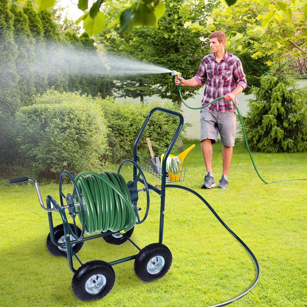 Garden Hose Reel Cart 4 Wheels with Storage Basket, Holds 390FT Hose D572507