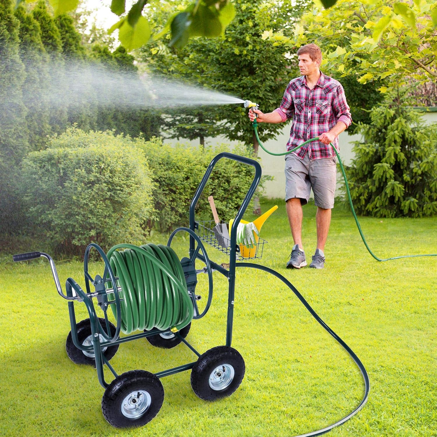 Garden Hose Reel Cart 4 Wheels with Storage Basket, Holds 390FT Hose D572507