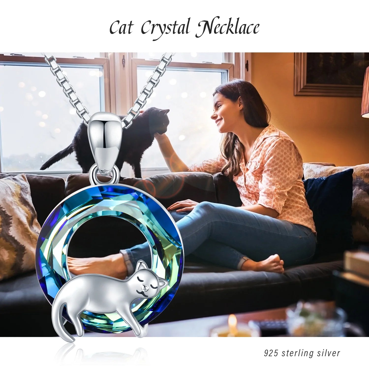 Cat Crystal Pendant Necklace 925 Sterling Silver U483