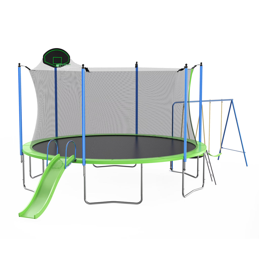 12ft Kids Trampoline with Swing, Slide, Basketball Hoop, Safety Enclosure Net F444224