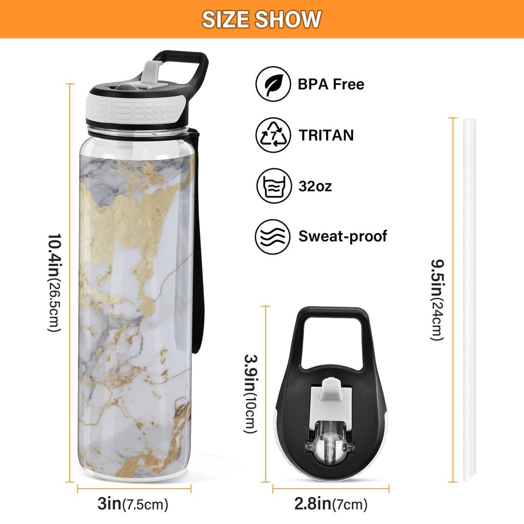 White and Black Golden Marble 32oz Tritan Leakproof Water Bottle with Straw I9032
